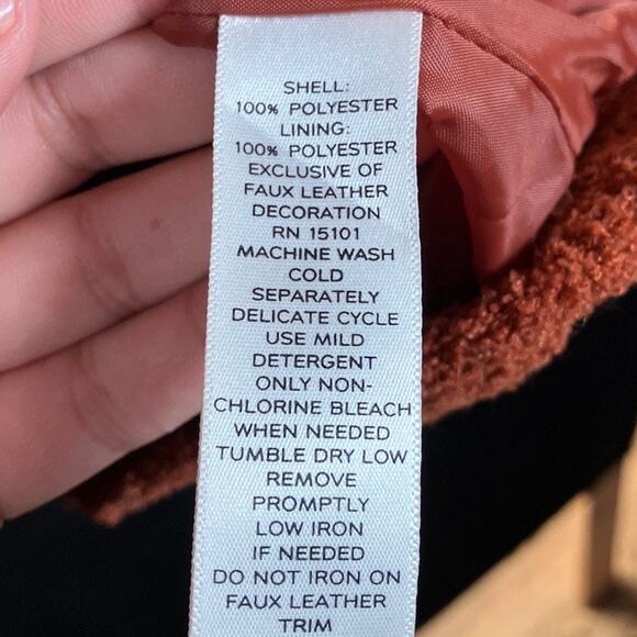 Susan Graver Womens Coat Orange Hooded Full Zip Faux Leather Trim Fleece XS - Picture 7 of 12